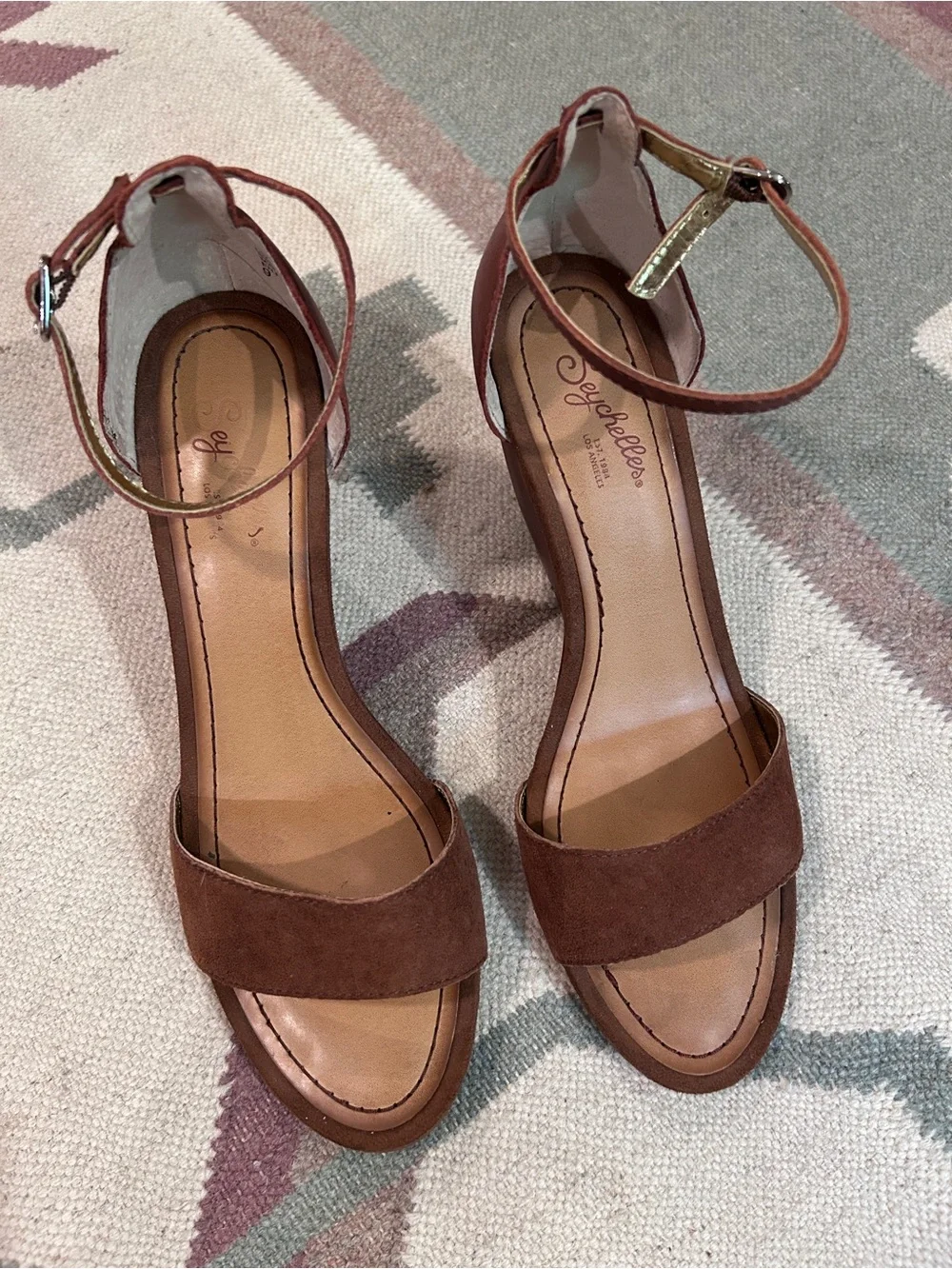 Seychelles Brown Leather & Suede Platform Wedge Ankle Strap Sandals Size 9